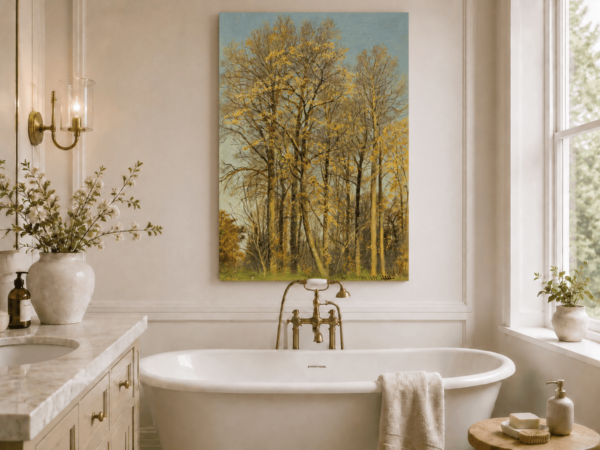 Unframed hand-painted autumn forest oil painting with slender golden trees and bright foliage displayed above a freestanding bathtub.