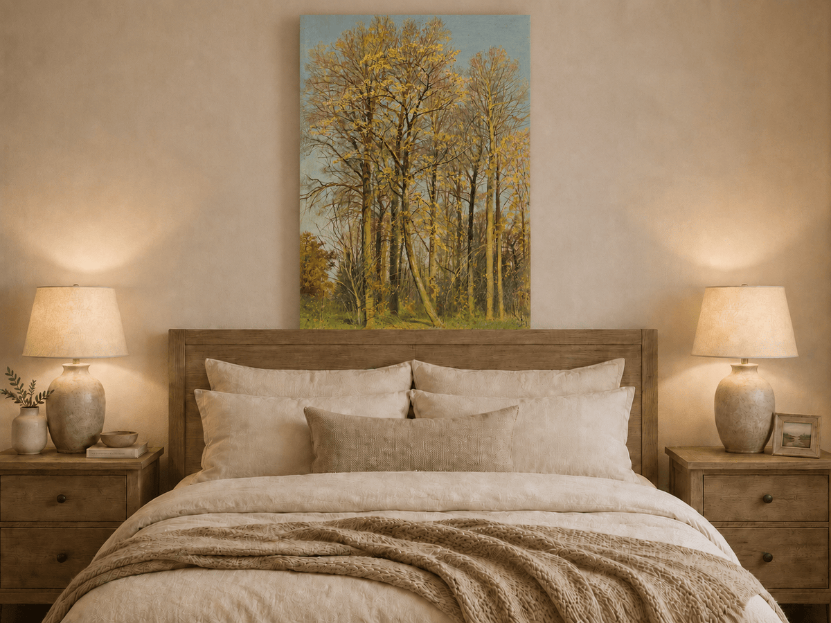 Unframed hand-painted autumn forest oil painting with slender golden trees and bright foliage displayed above a wooden bed in a neutral bedroom.