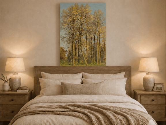 Unframed hand-painted autumn forest oil painting with slender golden trees and bright foliage displayed above a wooden bed in a neutral bedroom.