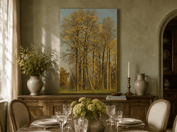 Unframed hand-painted autumn forest oil painting with slender golden trees and bright foliage displayed above a formal dining table.