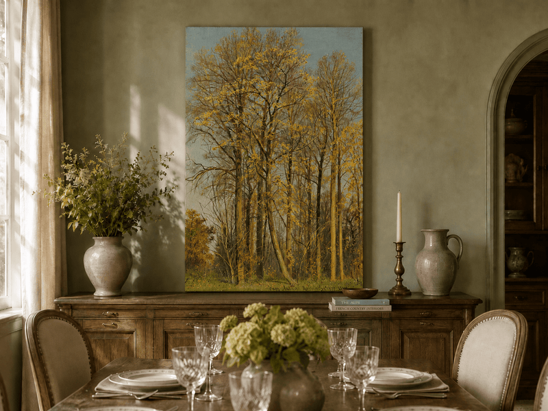 Unframed hand-painted autumn forest oil painting with slender golden trees and bright foliage displayed above a formal dining table.