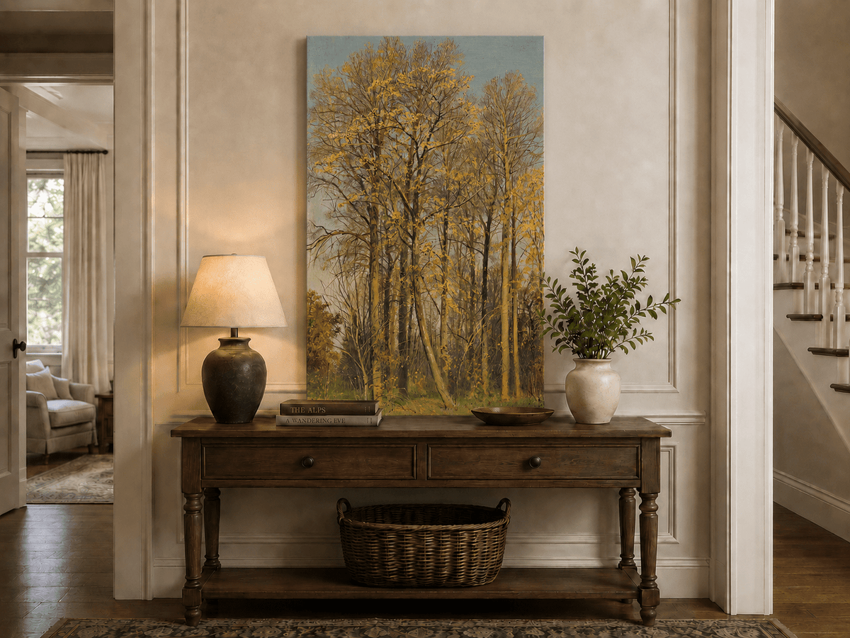 Unframed hand-painted autumn forest oil painting with slender golden trees and bright foliage displayed above an entryway console table.
