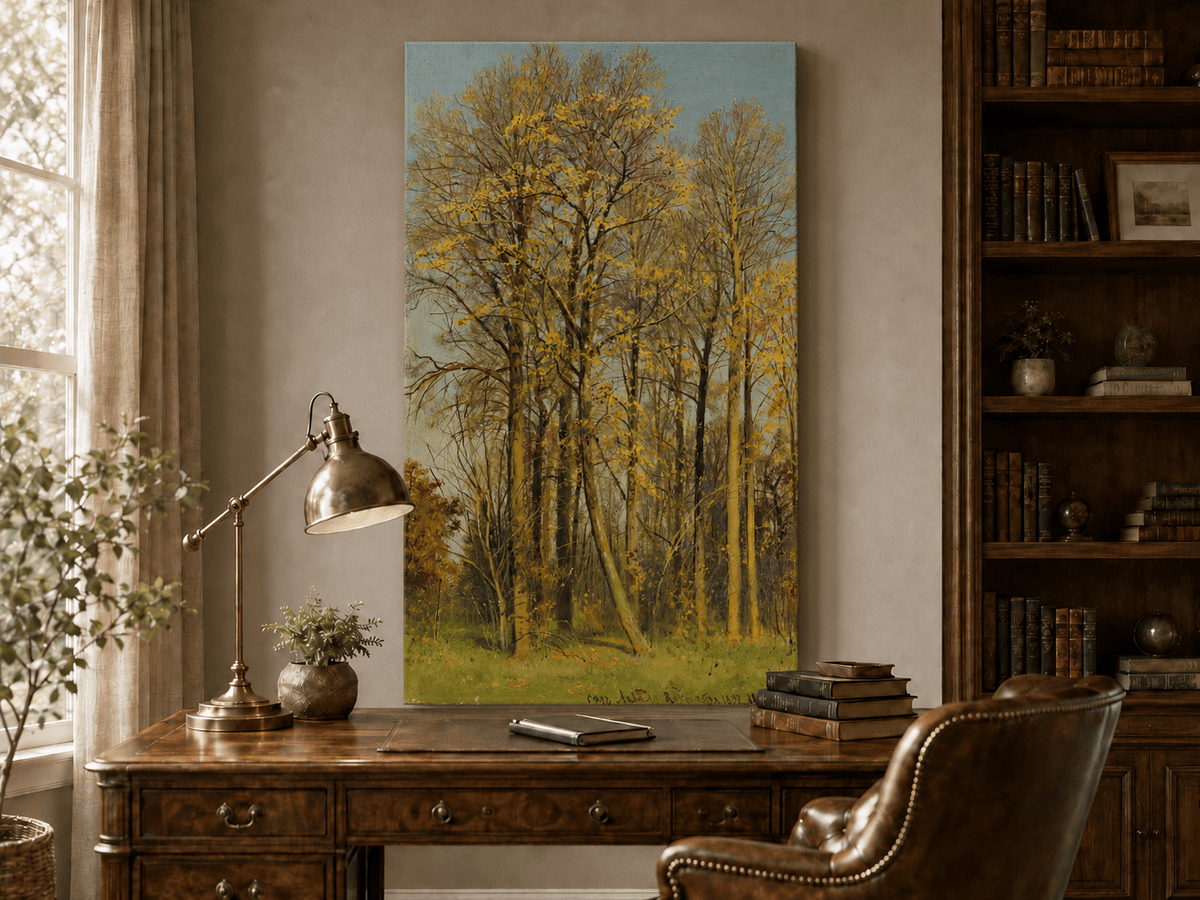Unframed hand-painted autumn forest oil painting with slender golden trees and bright foliage displayed above a traditional home office desk.