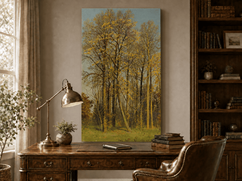 Unframed hand-painted autumn forest oil painting with slender golden trees and bright foliage displayed above a traditional home office desk.