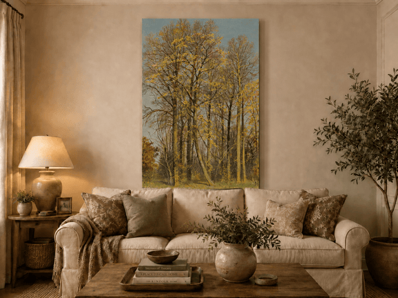 Unframed hand-painted autumn forest oil painting with slender golden trees and bright foliage displayed above a neutral living room sofa.
