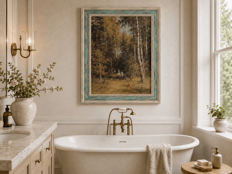 Framed hand-painted autumn forest walk oil painting with figures beneath golden trees displayed above a freestanding bathtub.