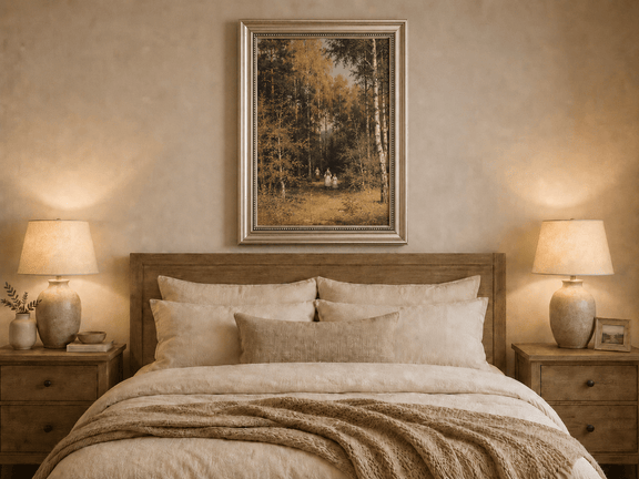 Framed hand-painted autumn forest walk oil painting with figures beneath golden trees displayed above a wooden bed in a neutral bedroom.
