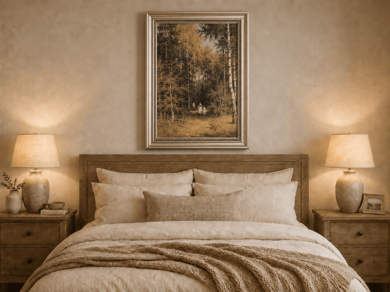 Framed hand-painted autumn forest walk oil painting with figures beneath golden trees displayed above a wooden bed in a neutral bedroom.