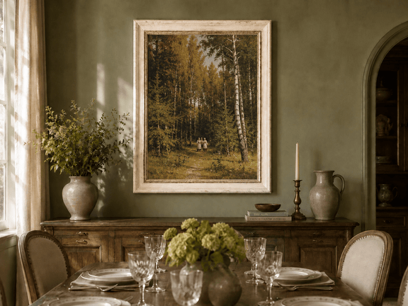 Framed hand-painted autumn forest walk oil painting with figures beneath golden trees displayed above a formal dining table.