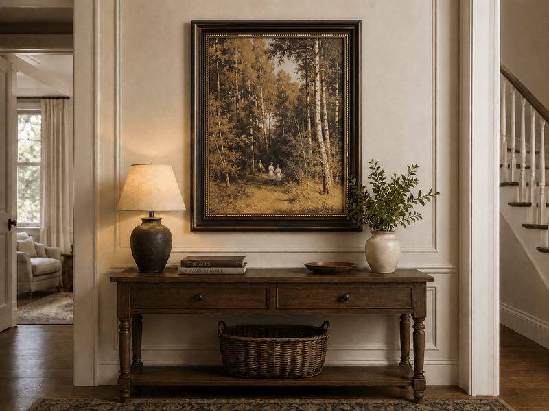 Framed hand-painted autumn forest walk oil painting with figures beneath golden trees displayed above an entryway console table.