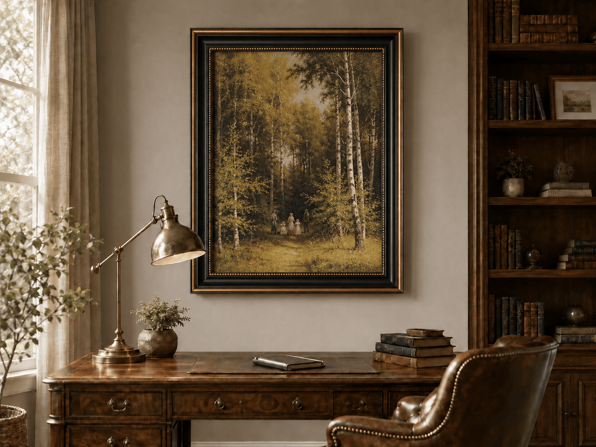 Framed hand-painted autumn forest walk oil painting with figures beneath golden trees displayed above a traditional home office desk.