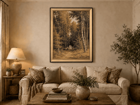 Framed hand-painted autumn forest walk oil painting with figures beneath golden trees displayed above a neutral living room sofa.