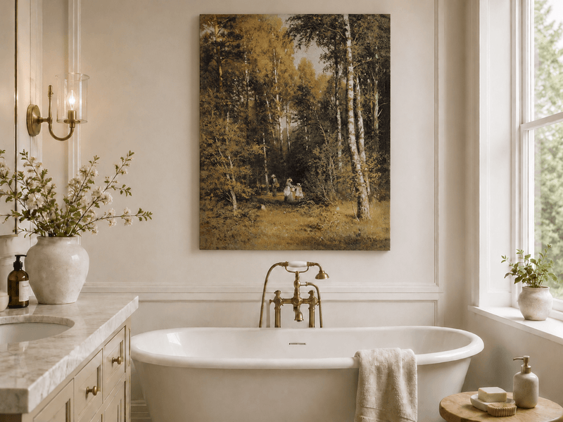 Unframed hand-painted autumn forest walk oil painting with figures beneath golden trees displayed above a freestanding bathtub.
