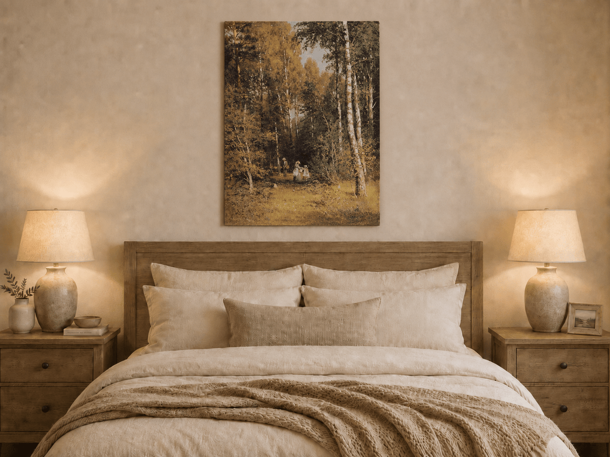Unframed hand-painted autumn forest walk oil painting with figures beneath golden trees displayed above a wooden bed in a neutral bedroom.