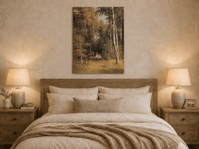 Unframed hand-painted autumn forest walk oil painting with figures beneath golden trees displayed above a wooden bed in a neutral bedroom.