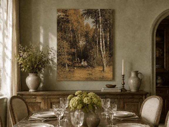 Unframed hand-painted autumn forest walk oil painting with figures beneath golden trees displayed above a formal dining table.