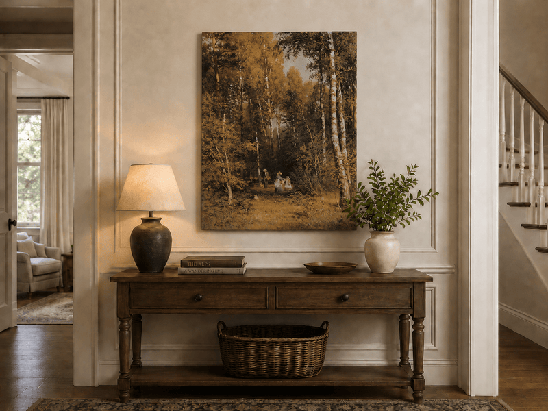 Unframed hand-painted autumn forest walk oil painting with figures beneath golden trees displayed above an entryway console table.