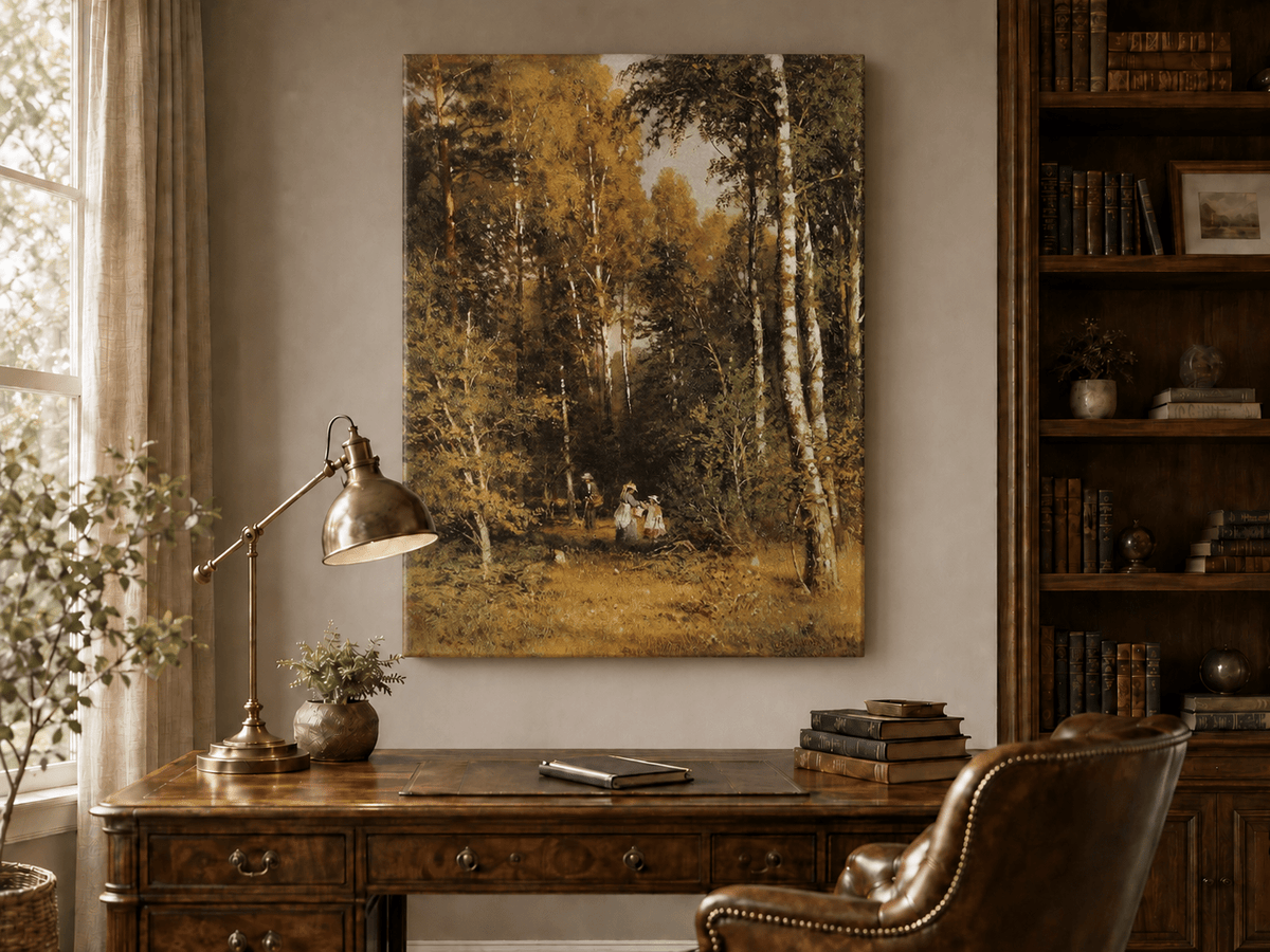 Unframed hand-painted autumn forest walk oil painting with figures beneath golden trees displayed above a traditional home office desk.