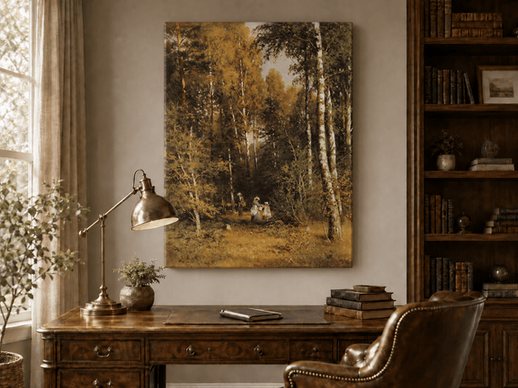 Unframed hand-painted autumn forest walk oil painting with figures beneath golden trees displayed above a traditional home office desk.