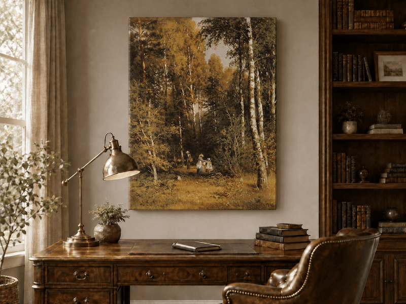 Unframed hand-painted autumn forest walk oil painting with figures beneath golden trees displayed above a traditional home office desk.