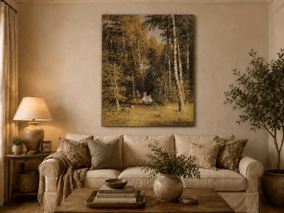 Unframed hand-painted autumn forest walk oil painting with figures beneath golden trees displayed above a neutral living room sofa.
