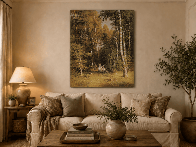 Unframed hand-painted autumn forest walk oil painting with figures beneath golden trees displayed above a neutral living room sofa.