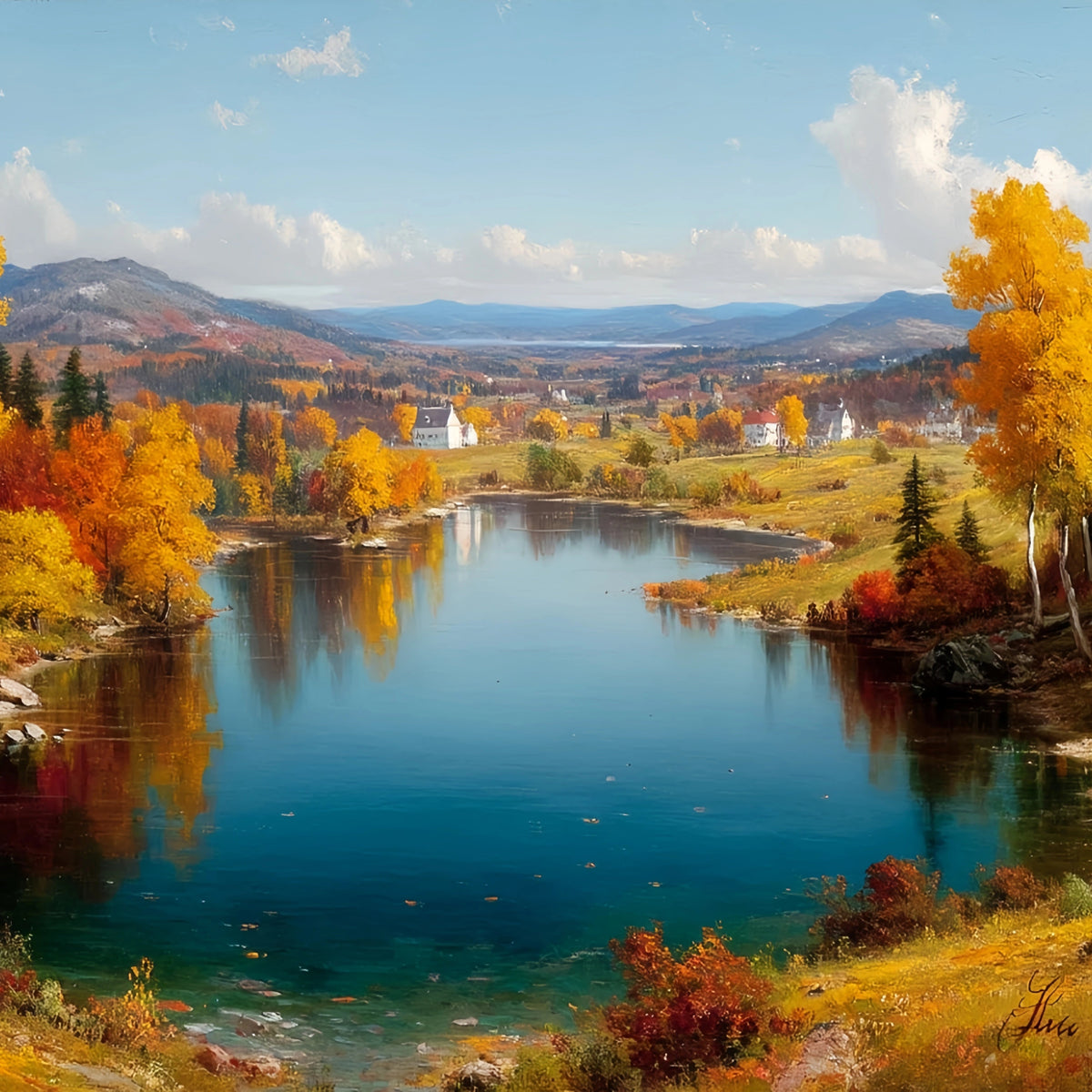 Autumn Lake Village Original Oil Painting For Sale - Oil Painting Haven