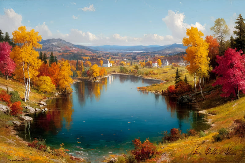 Autumn Lake Village Original Oil Painting For Sale - Oil Painting Haven