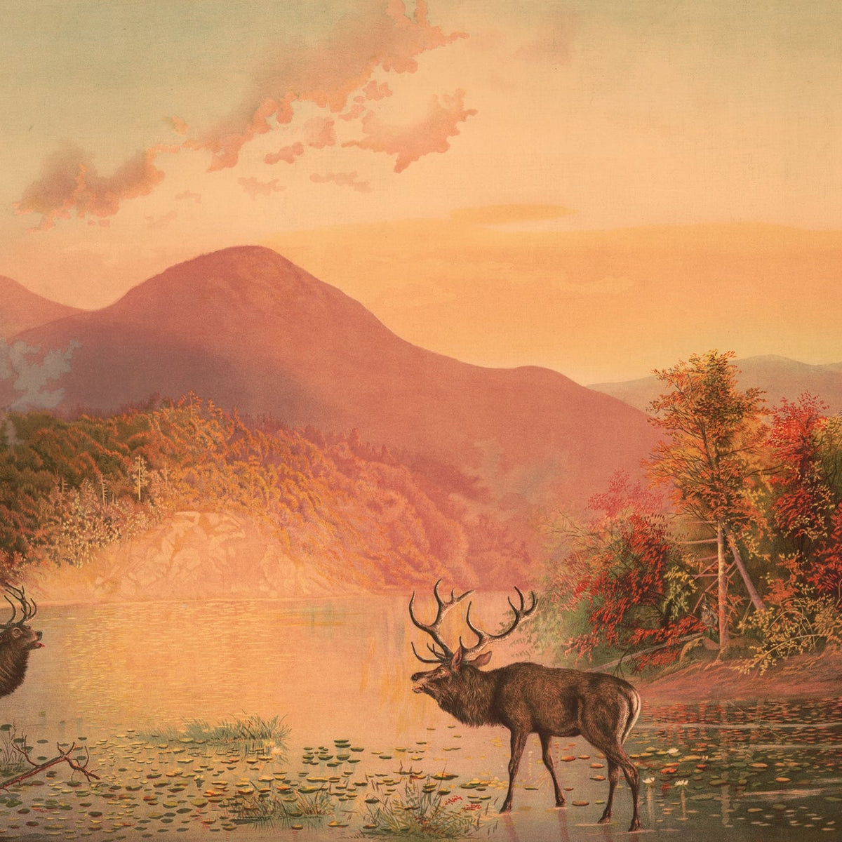 Autumn Lake with Deer and Mountain Sunset – Landscape Oil Painting - Oil Painting Haven