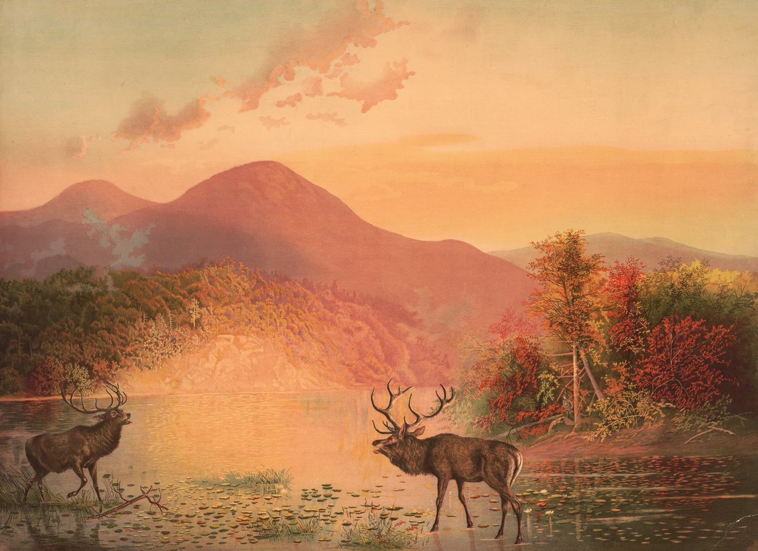 Autumn Lake with Deer and Mountain Sunset – Landscape Oil Painting - Oil Painting Haven