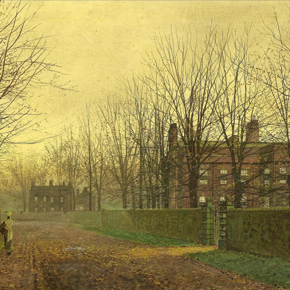 Landscape oil painting with textured brushwork depicting an autumn lane lined with bare trees, a dirt road, and a red brick. - Add Frame, Canvas, Cottage, Country, Forest, Hand Painted, Landscape, Made To Order, Oil Painting, Road