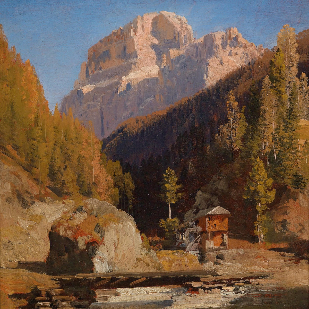 Autumn Mountain Forest Landscape with Cabin | Hand - Painted Oil Art - Oil Painting Haven