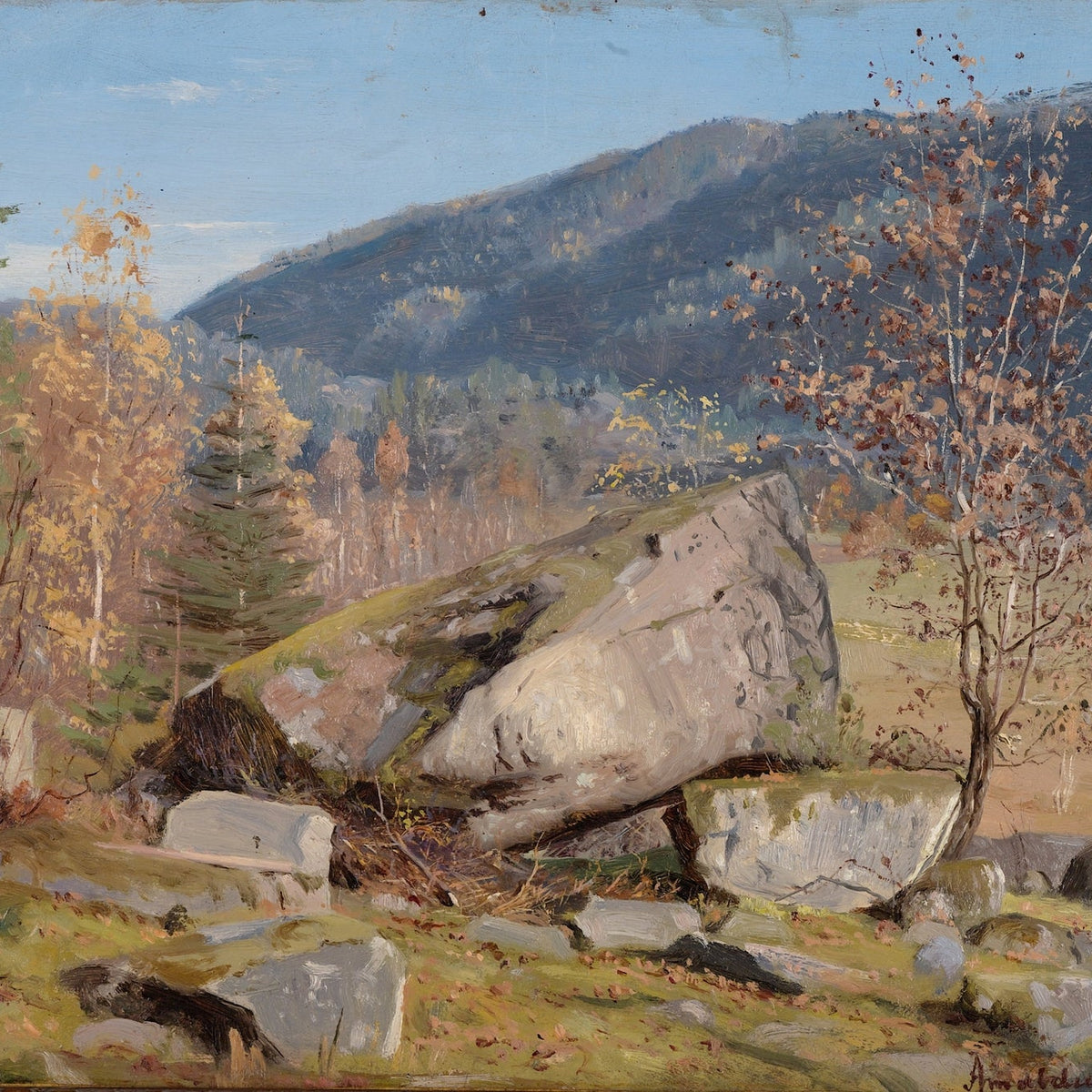 Hand painted oil on canvas landscape oil painting of autumn mountain with large textured boulder foreground and colorful. - Add Frame, Canvas, Forest, Hand Painted, Landscape, Made To Order, Mountain, Oil Painting