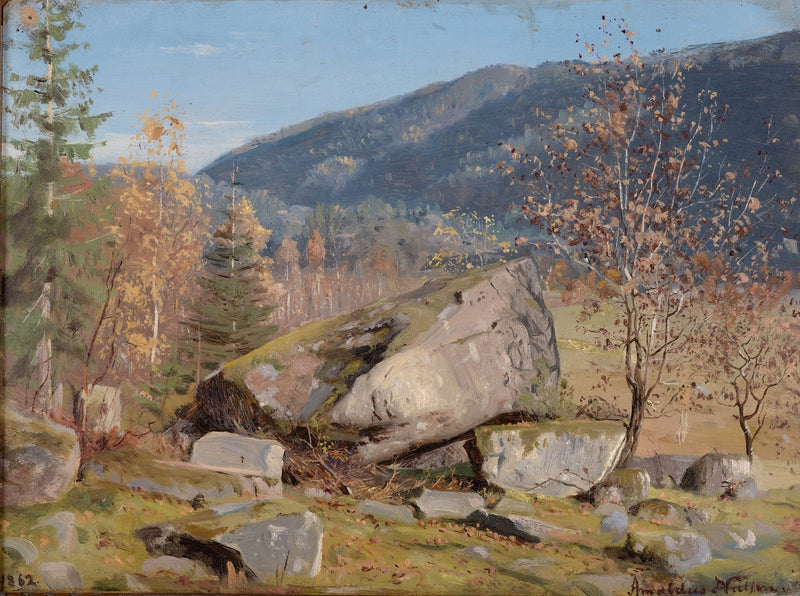 Hand painted oil on canvas landscape oil painting of autumn mountain with large textured boulder foreground and colorful. - Add Frame, Canvas, Forest, Hand Painted, Landscape, Made To Order, Mountain, Oil Painting