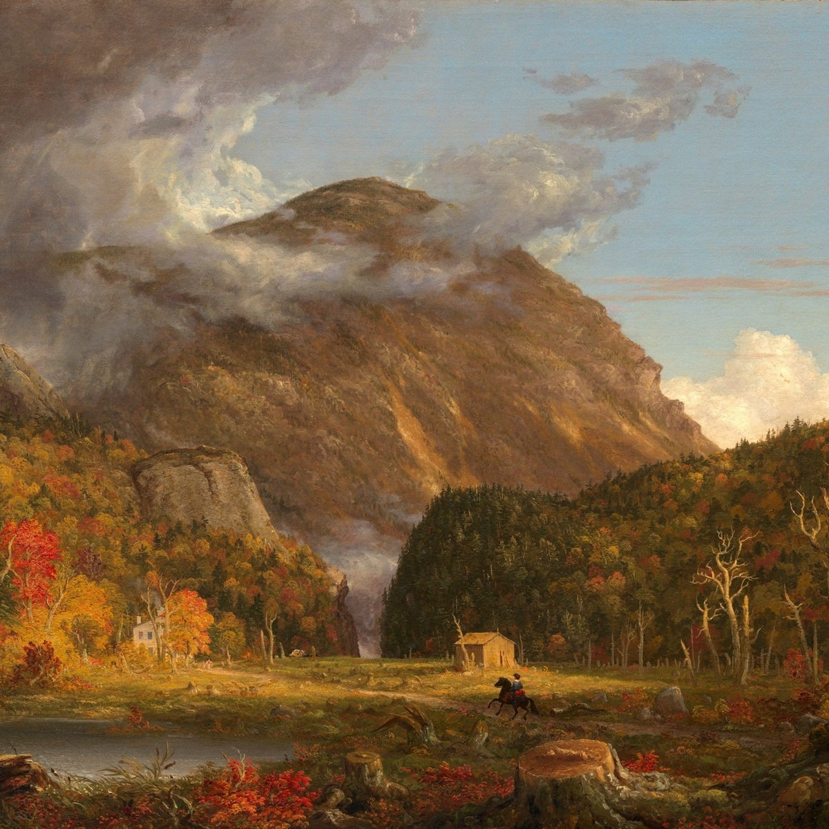 Hand painted landscape oil painting on canvas depicting autumn mountain valley with textured brushwork, a rustic cabin by. - Add Frame, Canvas, Cottage, Figure, Forest, Hand Painted, Landscape, Made To Order, Mountain, Oil Painting