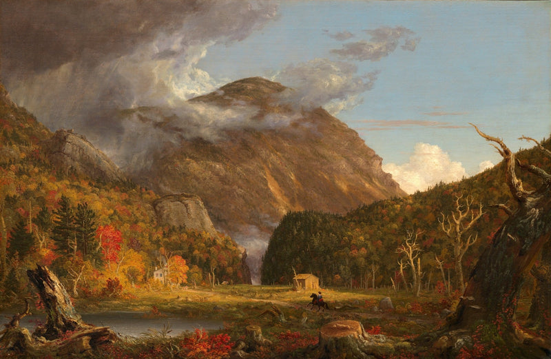 Hand painted landscape oil painting on canvas depicting autumn mountain valley with textured brushwork, a rustic cabin by. - Add Frame, Canvas, Cottage, Figure, Forest, Hand Painted, Landscape, Made To Order, Mountain, Oil Painting