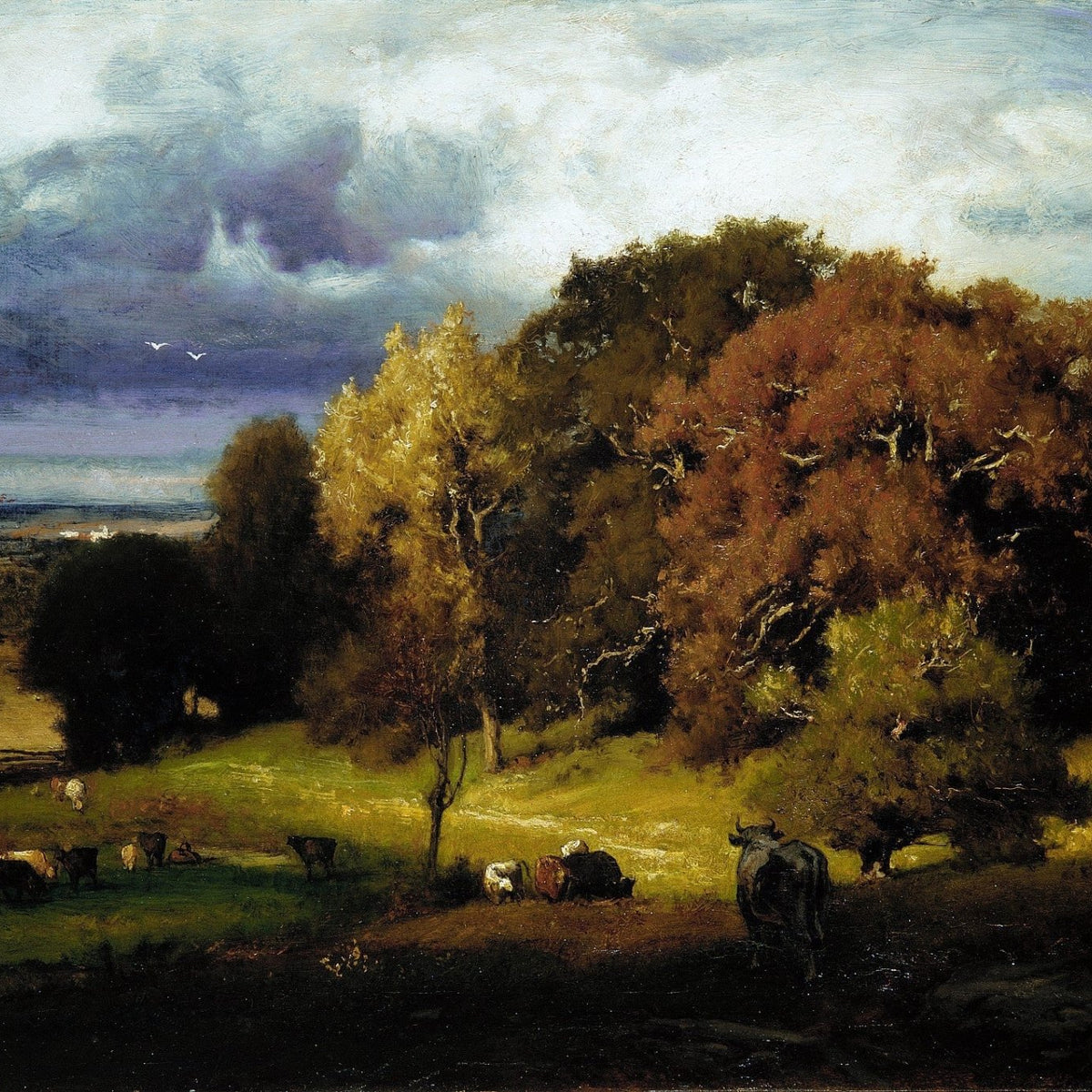 Autumn Oaks and Grazing Cattle in Countryside - Landscape Oil Painting - Oil Painting Haven