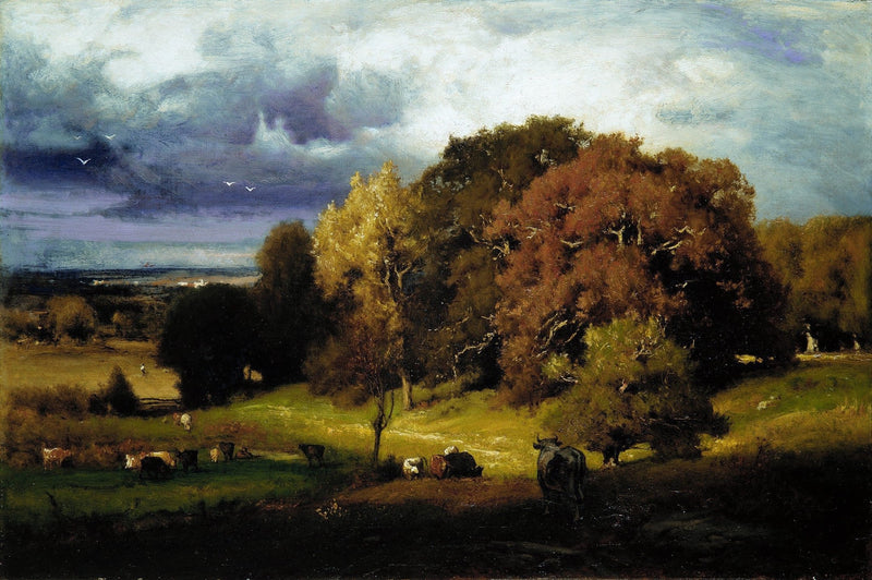 Autumn Oaks and Grazing Cattle in Countryside - Landscape Oil Painting - Oil Painting Haven