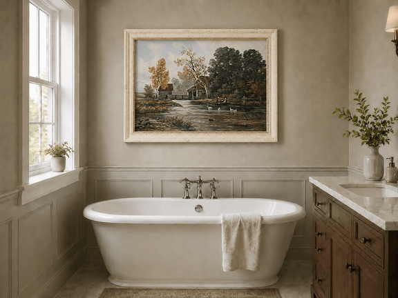 Framed hand-painted autumn river mill oil painting with a boat and swans on the water displayed above a freestanding bathtub.