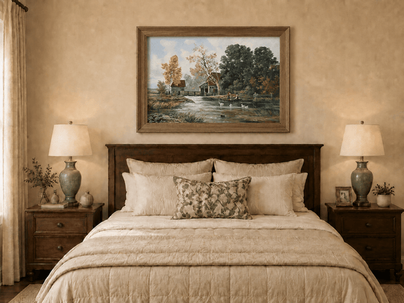 Framed hand-painted autumn river mill oil painting with a boat and swans on the water displayed above a wooden bed in a neutral bedroom.