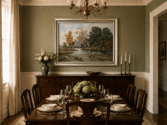 Framed hand-painted autumn river mill oil painting with a boat and swans on the water displayed above a formal dining table.