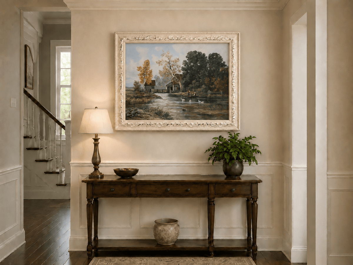 Framed hand-painted autumn river mill oil painting with a boat and swans on the water displayed above an entryway console table.