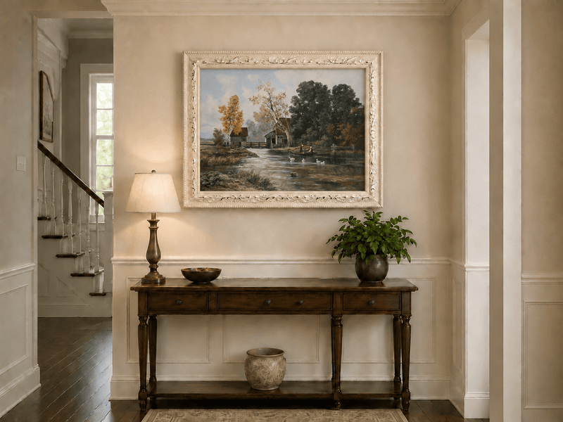 Framed hand-painted autumn river mill oil painting with a boat and swans on the water displayed above an entryway console table.