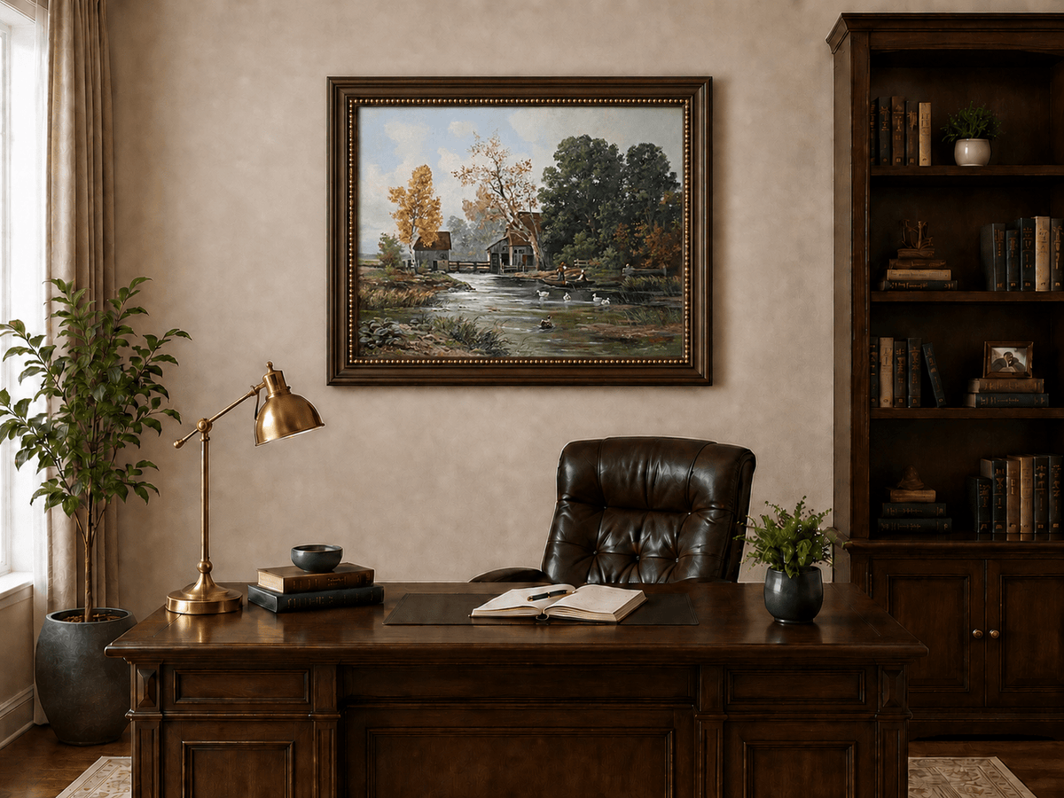 Framed hand-painted autumn river mill oil painting with a boat and swans on the water displayed above a traditional home office desk.