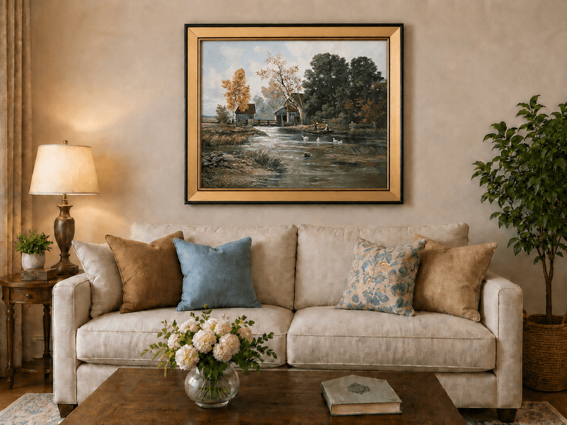 Framed hand-painted autumn river mill oil painting with a boat and swans on the water displayed above a neutral living room sofa.