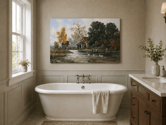 Unframed hand-painted autumn river mill oil painting with a boat and swans on the water displayed above a freestanding bathtub.