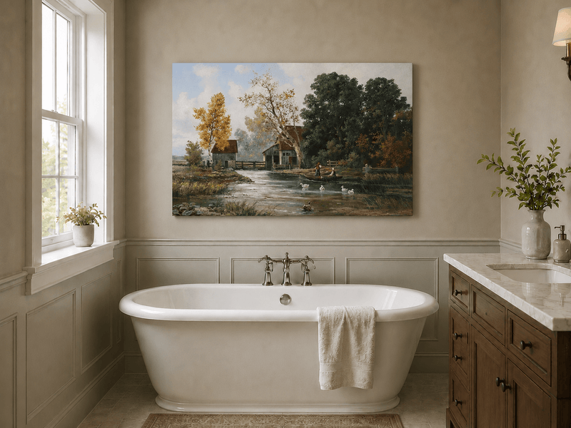 Unframed hand-painted autumn river mill oil painting with a boat and swans on the water displayed above a freestanding bathtub.