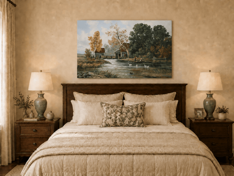 Unframed hand-painted autumn river mill oil painting with a boat and swans on the water displayed above a wooden bed in a neutral bedroom.