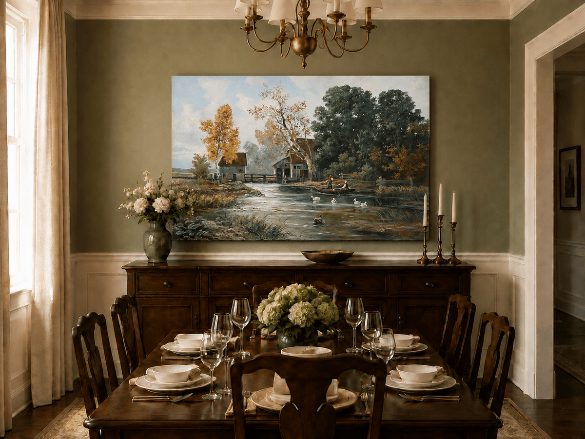 Unframed hand-painted autumn river mill oil painting with a boat and swans on the water displayed above a formal dining table.