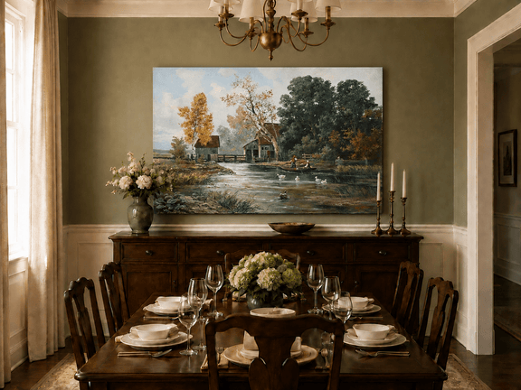Unframed hand-painted autumn river mill oil painting with a boat and swans on the water displayed above a formal dining table.